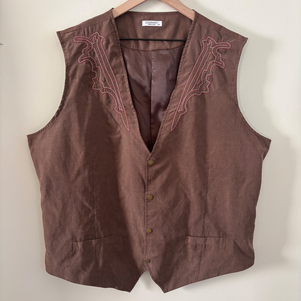 COOFANDY Mens Western Vest Brown Embroidered Cowboy Waistcoat XXXL